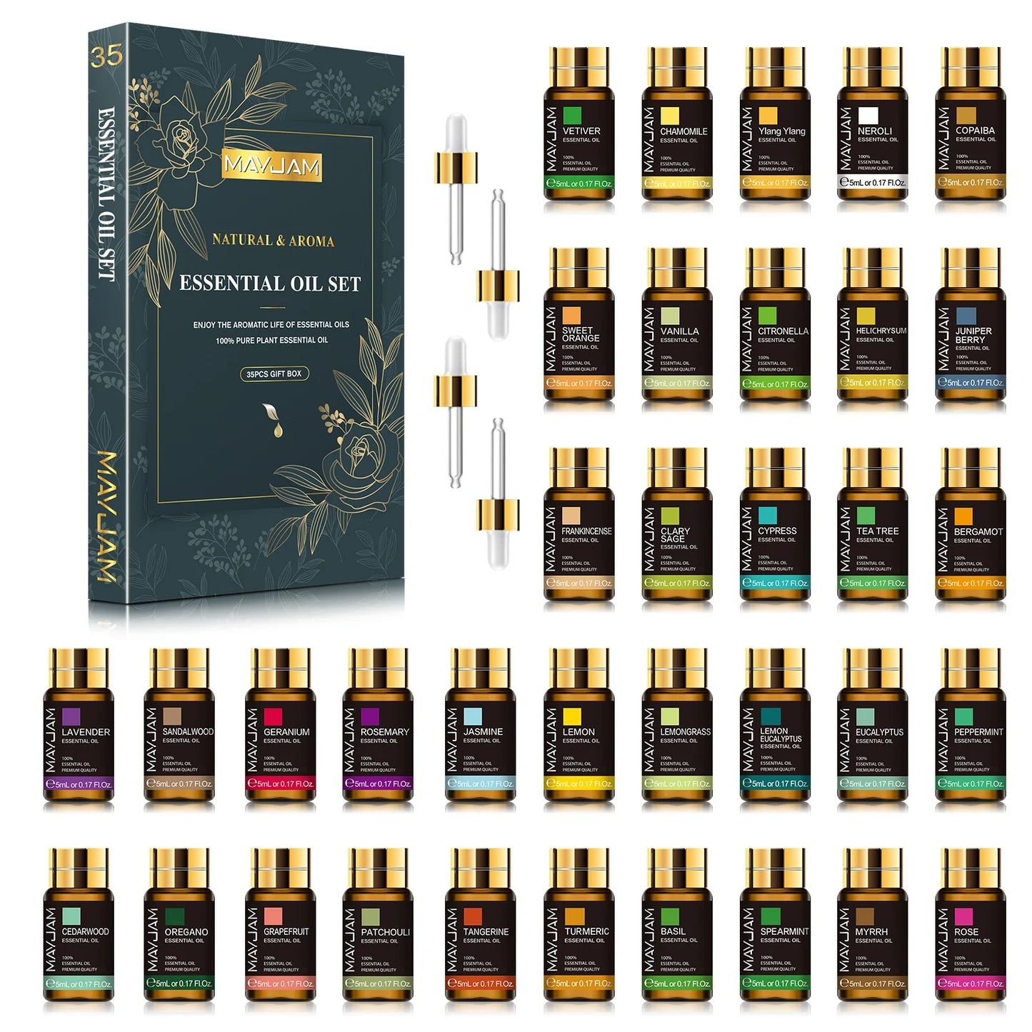 MAYJAM 35-Piece Essential Oils Set – Premium Aromatherapy Gift Box (5ml Each)